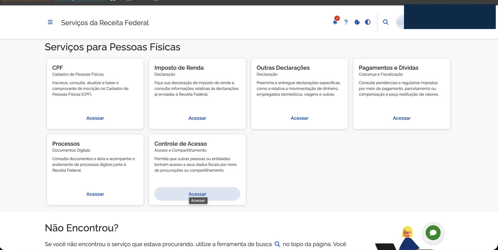 Lista de serviços para pessoas físicas com Controle de Acesso destacado