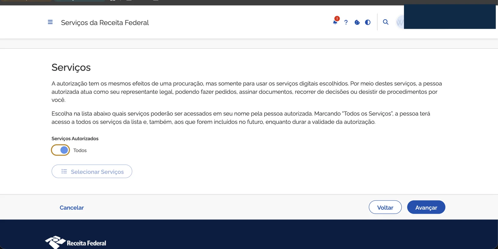 Tela Serviços com toggle "Todos os serviços" ativado