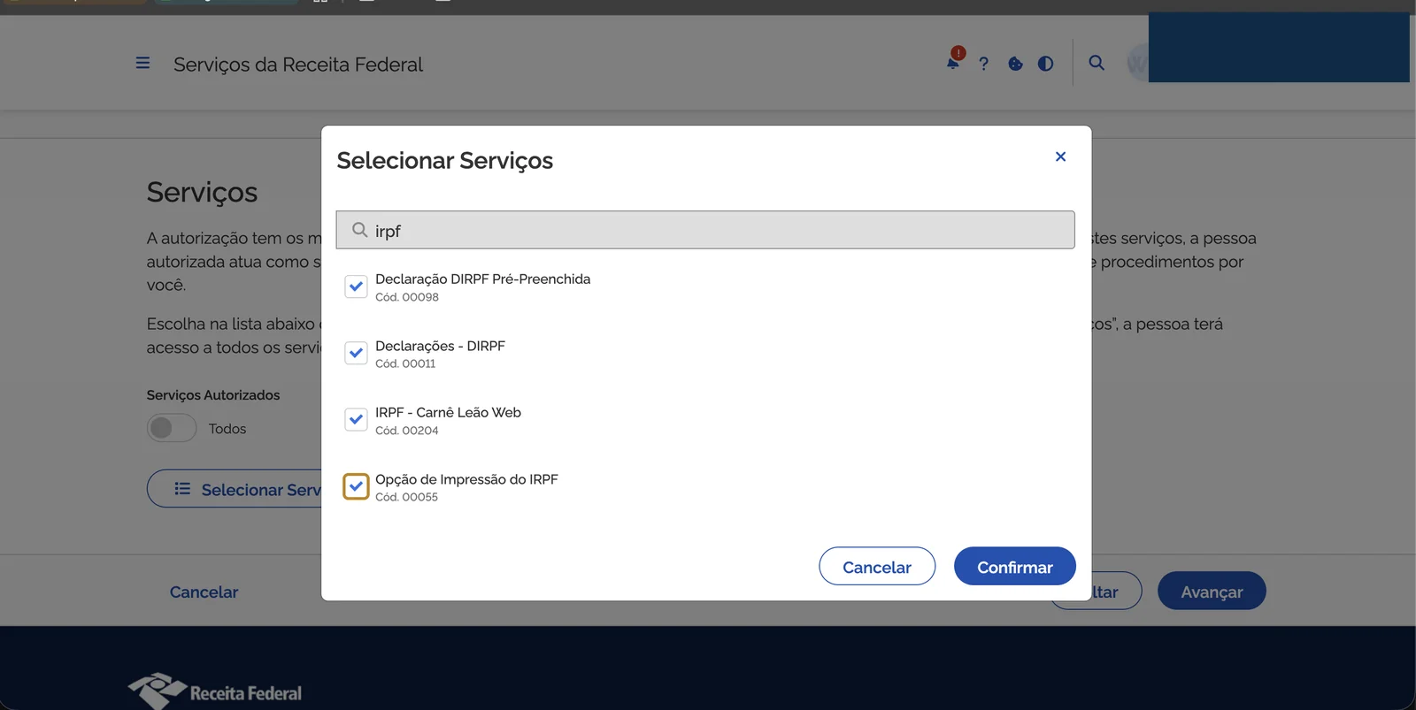 Modal Selecionar Serviços com filtro IRPF aplicado