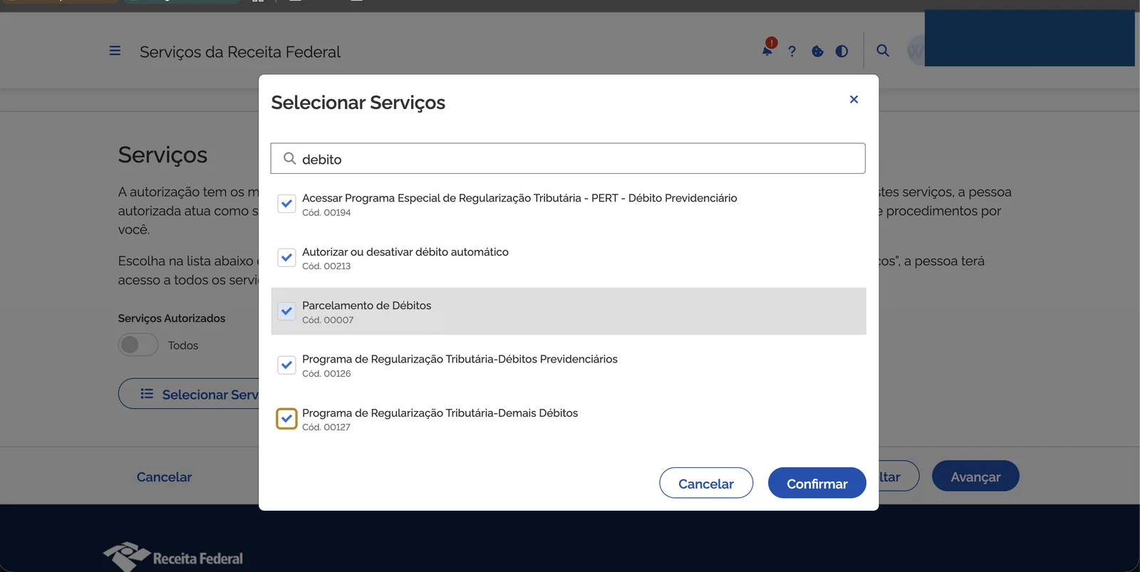 Modal Selecionar Serviços com filtro Débito
