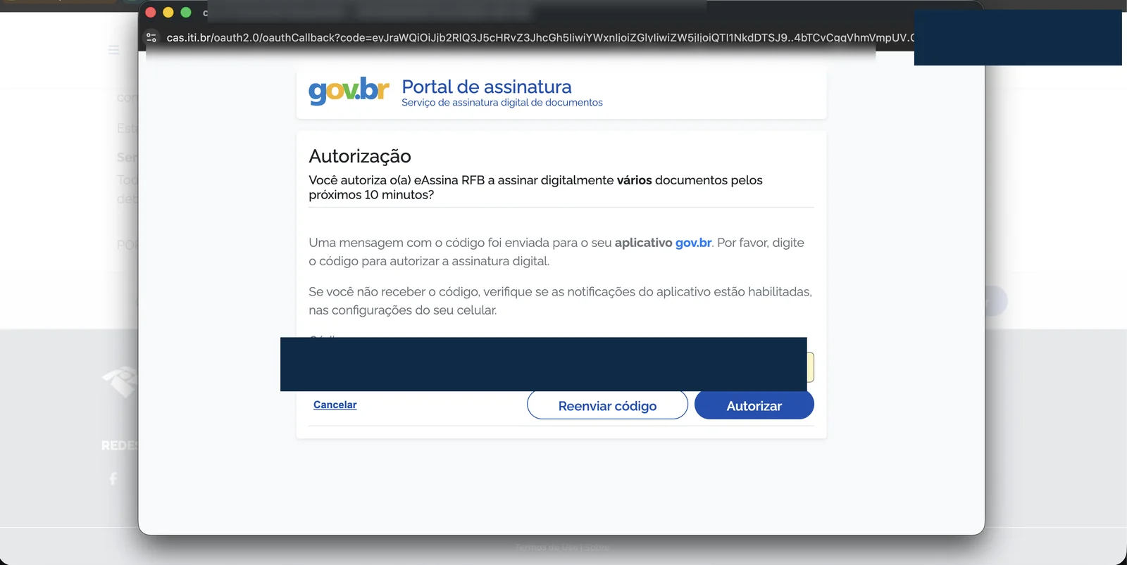 Portal de assinatura do gov.br solicitando código de 6 dígitos